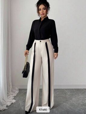 Wide-Leg Contrast Stripe Pants — Khaki/Black